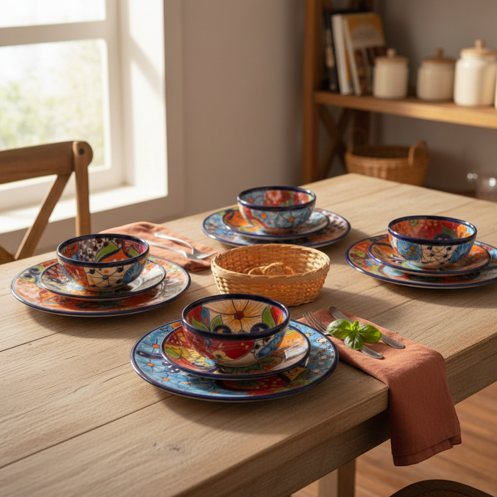 12-Piece Talavera Dinnerware Set Mexican Ceramic Plates & Bowls - - Talavera Dinnerware Set