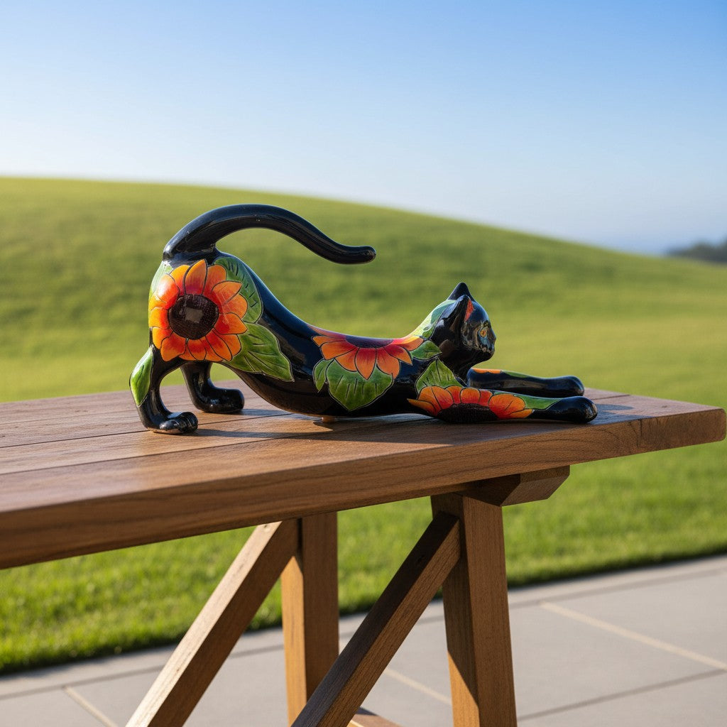 Talavera Stretching Cat Statue Hand-Painted Sunflower Design - - Talavera Statue