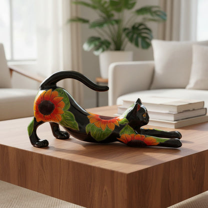 Talavera Stretching Cat Statue Hand-Painted Sunflower Design - - Talavera Statue