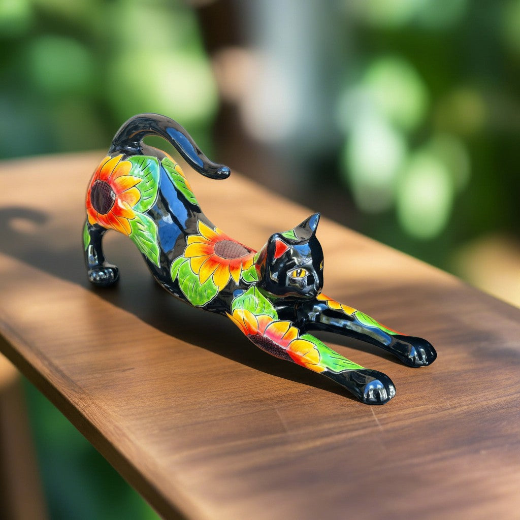 Talavera Stretching Cat Statue Hand-Painted Sunflower Design - - Talavera Statue