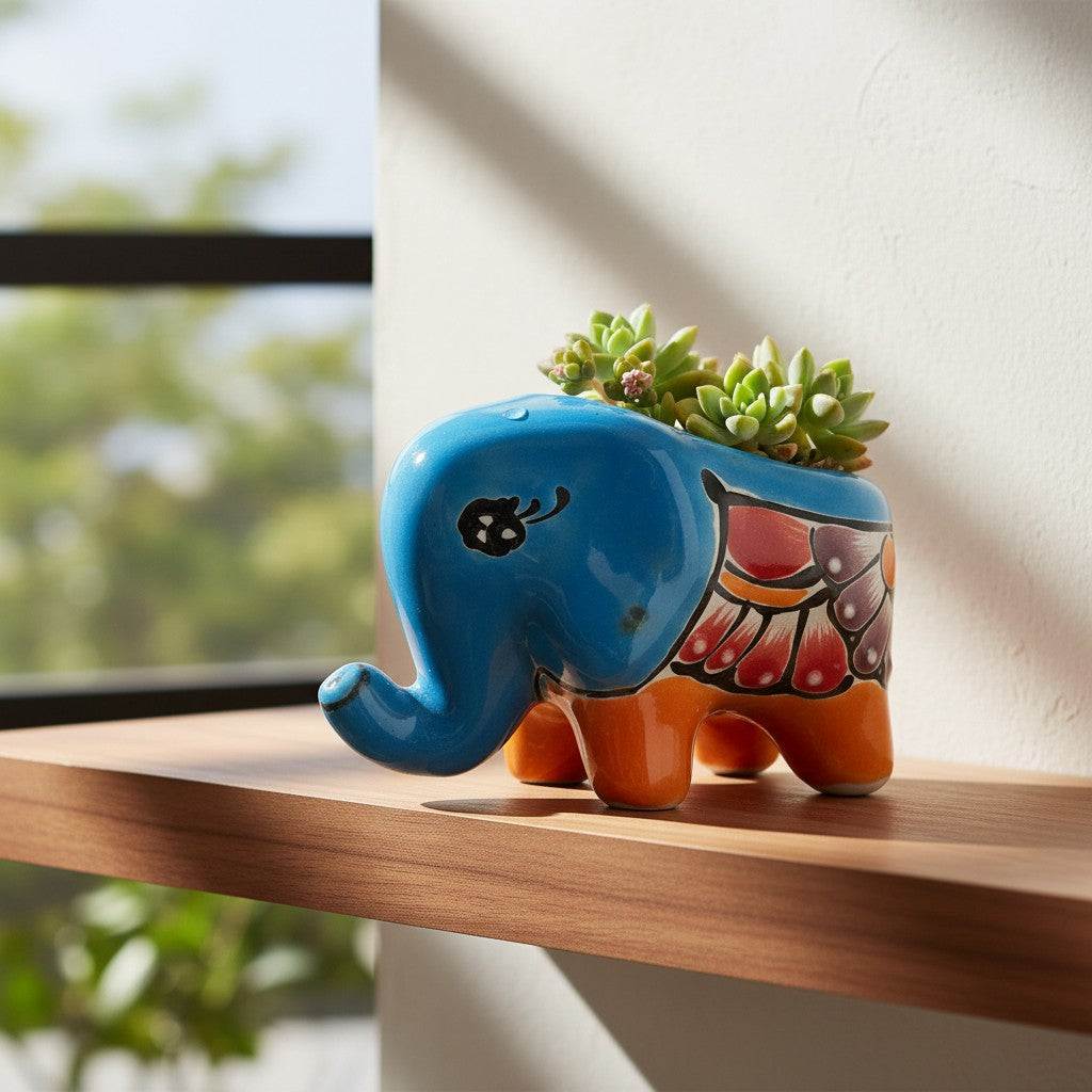 Talavera Elephant Planter Colorful Hand-Painted Ceramic Animal Pot - - Talavera Planter
