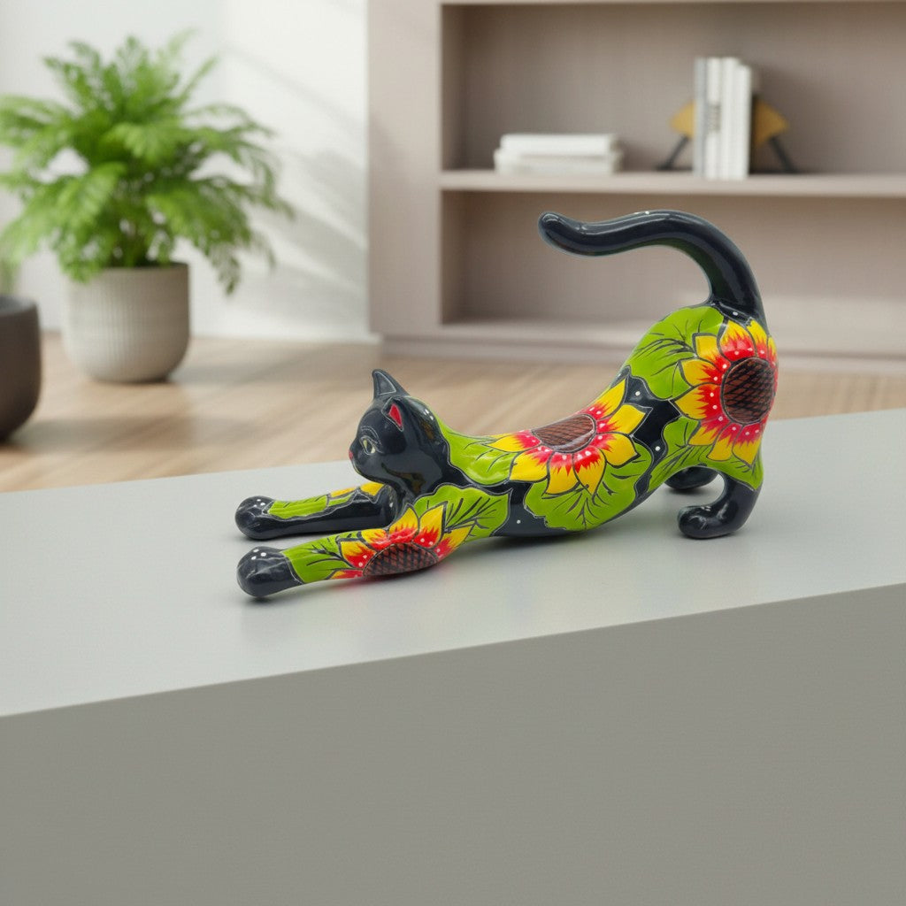Talavera Stretching Cat Statue Hand-Painted Sunflower Design - - Talavera Statue