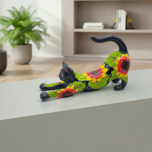 Talavera Stretching Cat Statue Hand-Painted Sunflower Design - - Talavera Statue