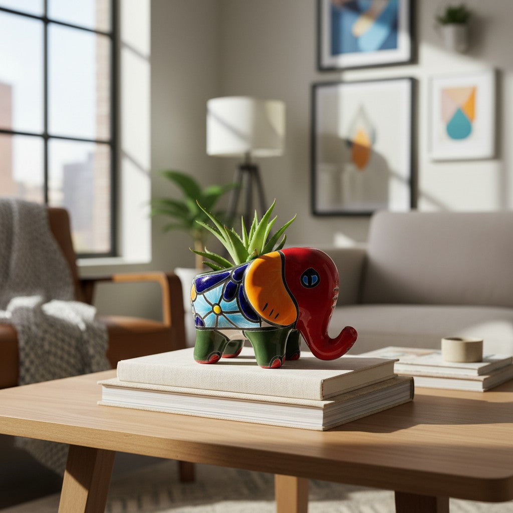 Talavera Elephant Planter Colorful Hand-Painted Ceramic Animal Pot - - Talavera Planter