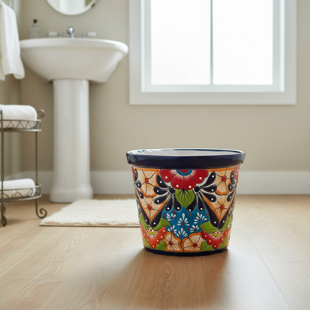 Colorful Talavera Trash Can Handmade Mexican Waste Bin - - wastebaskets
