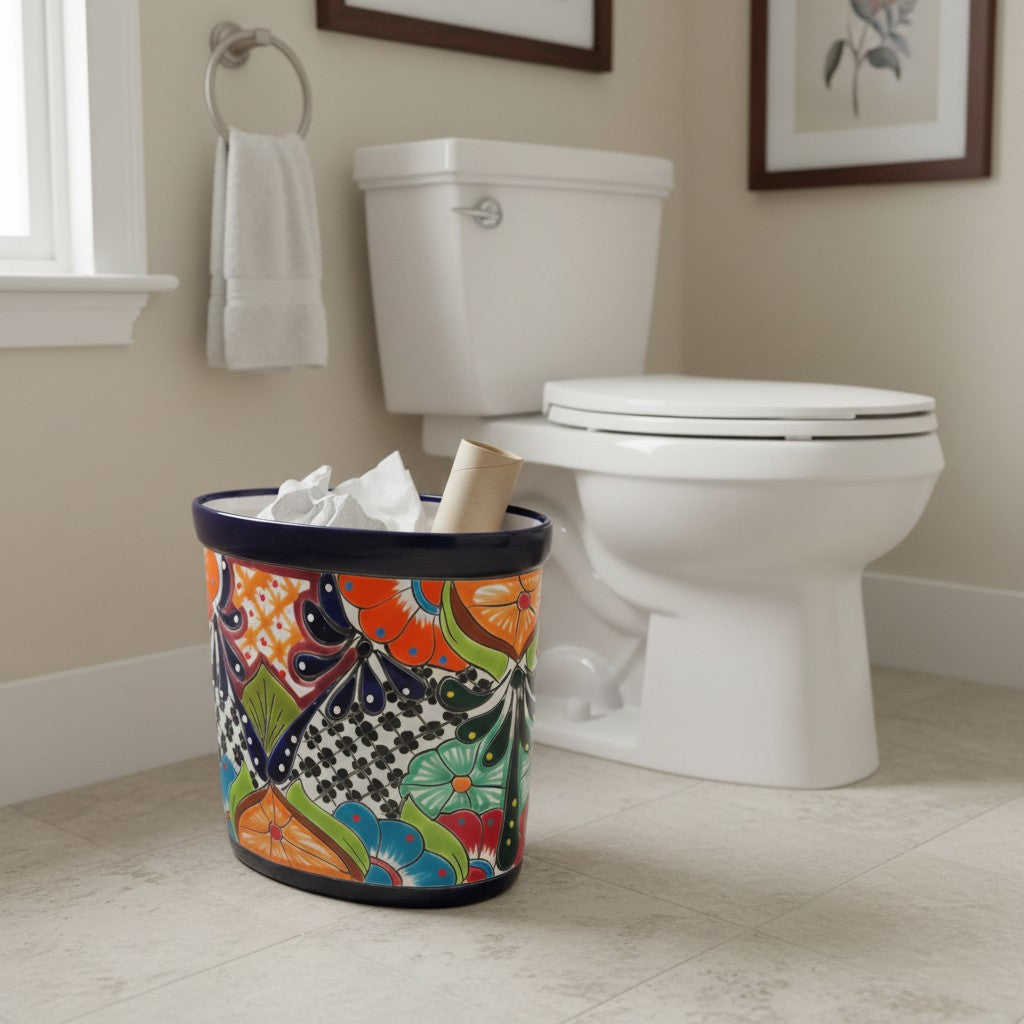 Colorful Talavera Trash Can Handmade Mexican Waste Bin - - wastebaskets