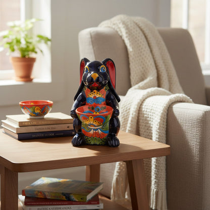 Vibrant Handmade Talavera Bunny Statue Mexican Folk Art Feeder - - Talavera Statue