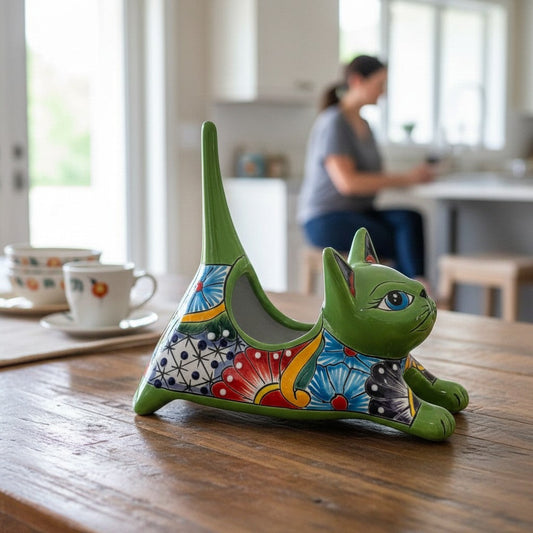 Talavera Cat Planter Colorful Handmade Stretching Animal Pot - - Talavera Planter