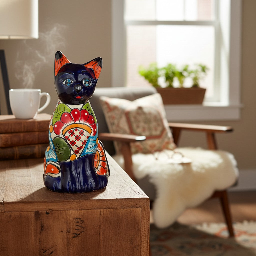 Colorful Hand-Painted Talavera Cat Statue Mexican Folk Art Decor - - Talavera Statue