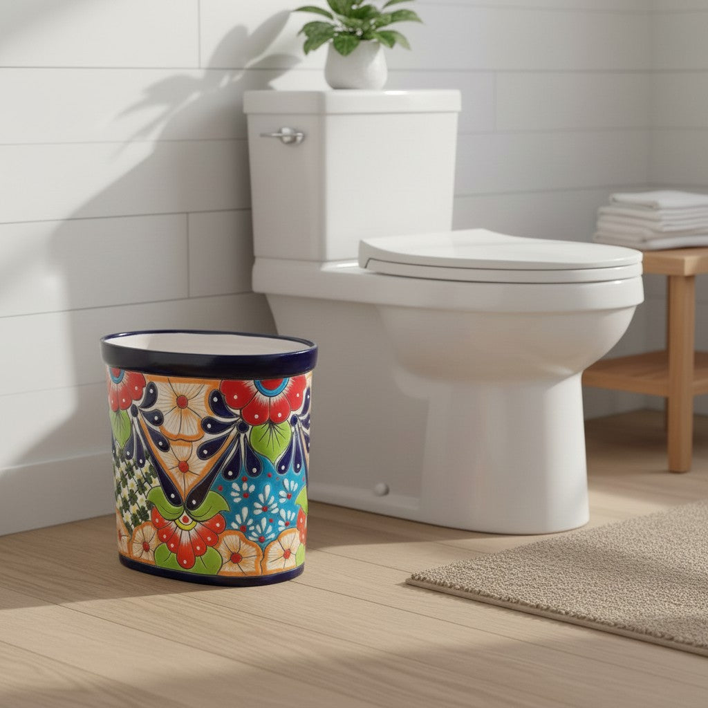 Colorful Talavera Trash Can Handmade Mexican Waste Bin - - wastebaskets