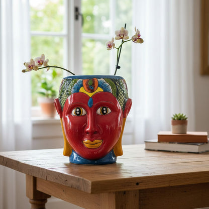 Talavera Face Planter Hand-Painted Mexican Lady Pot Folk Art - - Talavera Planter