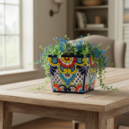Set of 3 Hand-Painted Talavera Square Planters Set Floral Pots - - Talavera Flower Pot