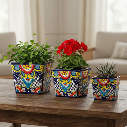 Set of 3 Hand-Painted Talavera Square Planters Set Floral Pots - - Talavera Flower Pot