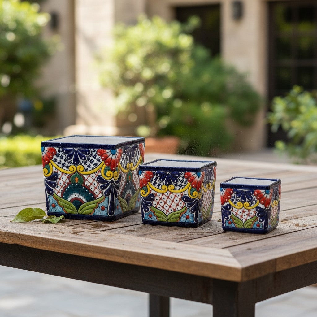 Set of 3 Hand-Painted Talavera Square Planters Set Floral Pots - - Talavera Flower Pot