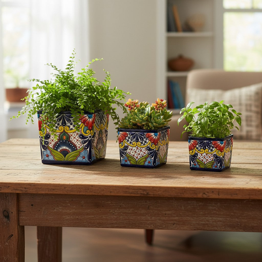 Set of 3 Hand-Painted Talavera Square Planters Set Floral Pots - - Talavera Flower Pot
