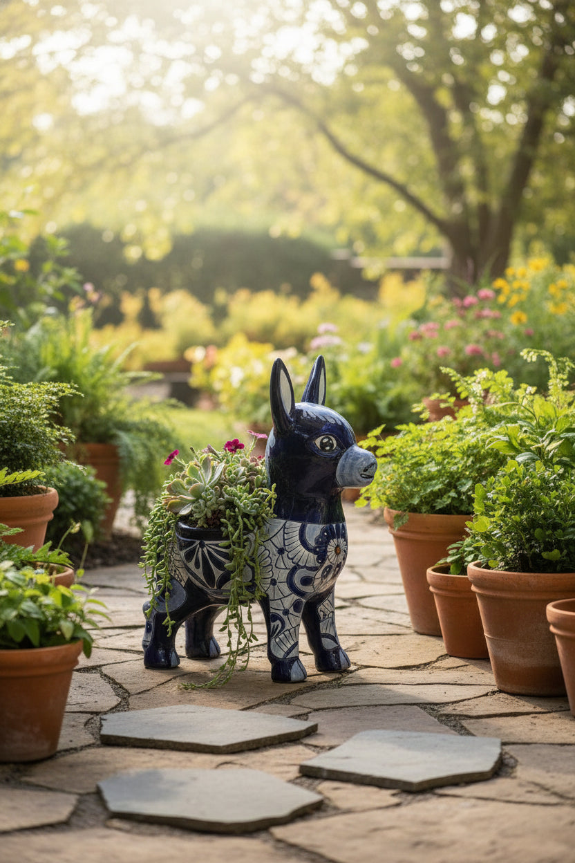 Large Talavera Donkey Planter Blue and White Ceramic Burro Pot - - Talavera Planter