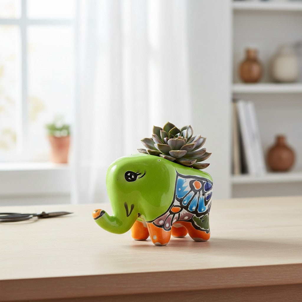 Talavera Elephant Planter Colorful Hand-Painted Ceramic Animal Pot - - Talavera Planter