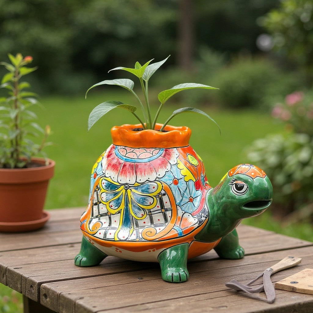 Vibrant Talavera Turtle Planter Mexican Pottery - - Talavera Planter