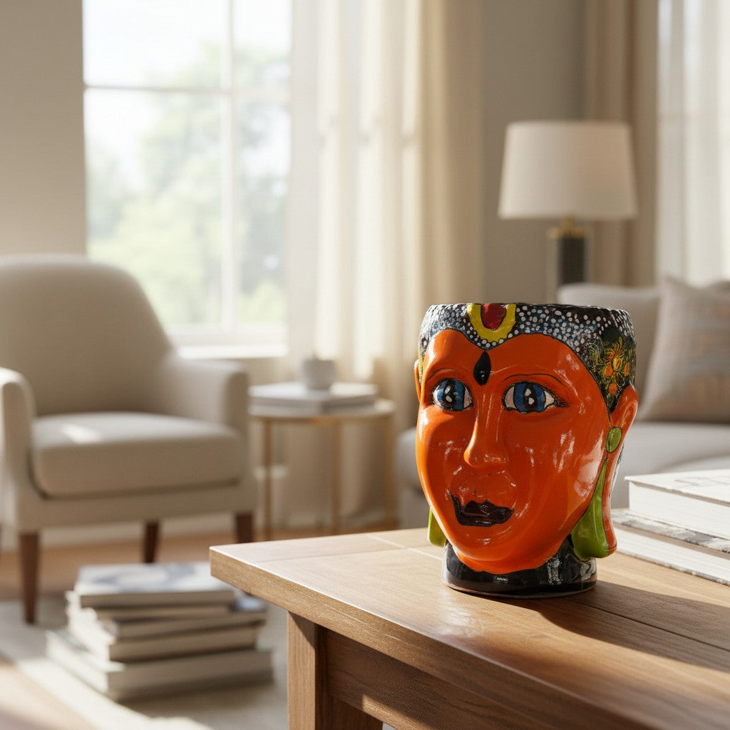 Talavera Face Planter Hand-Painted Mexican Lady Pot Folk Art - - Talavera Planter