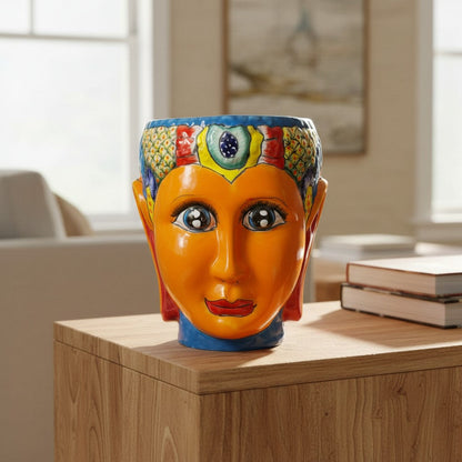 Talavera Face Planter Hand-Painted Mexican Lady Pot Folk Art - - Talavera Planter