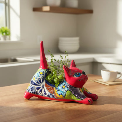Talavera Cat Planter Colorful Handmade Stretching Animal Pot - - Talavera Planter