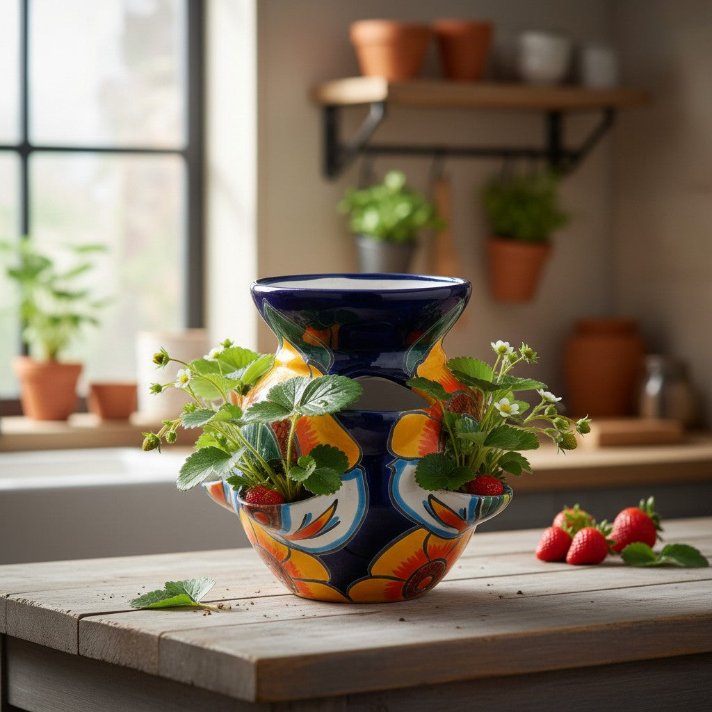 Talavera Strawberry Planter Sunflower Lily Design - - Talavera Planter