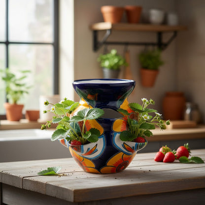 Talavera Strawberry Planter Sunflower Lily Design - - Talavera Planter