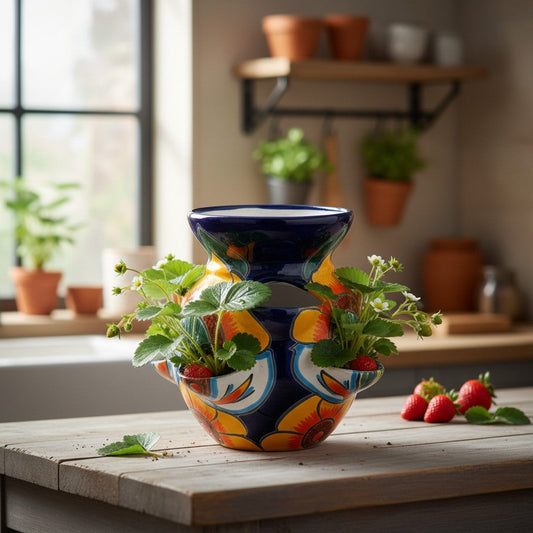 Talavera Strawberry Planter Sunflower Lily Design - - Talavera Planter