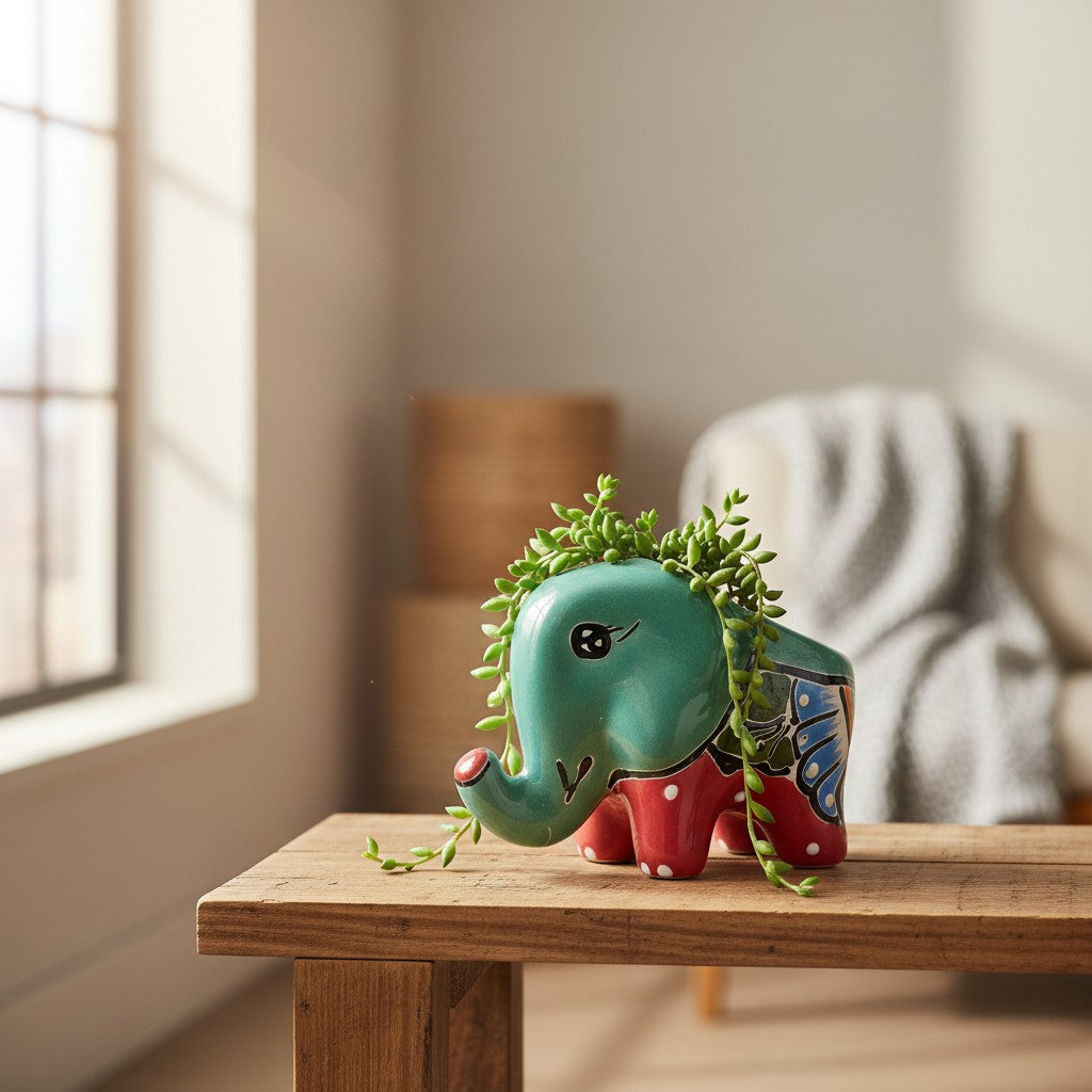 Talavera Elephant Planter Colorful Hand-Painted Ceramic Animal Pot - - Talavera Planter