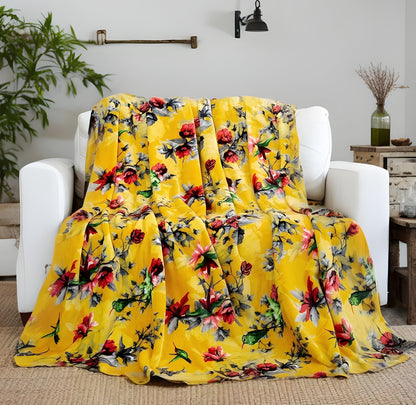 DaDa Bedding Yellow Farmhouse Rustic Spring Floral Hummingbirds Soft Fleece Throw Blanket (925) - - Throw Blankets