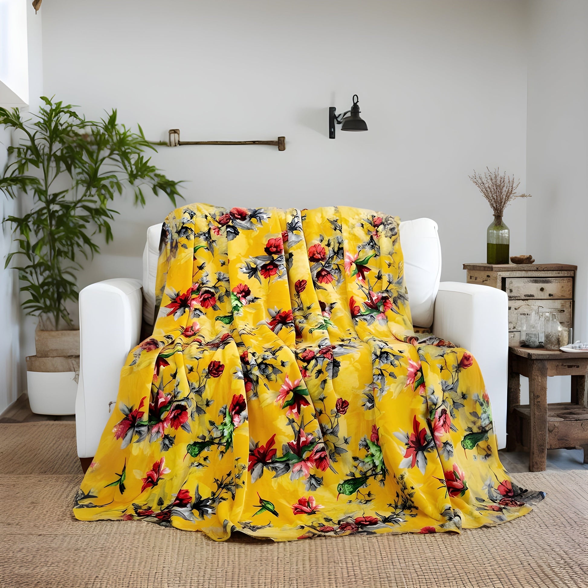DaDa Bedding Yellow Farmhouse Rustic Spring Floral Hummingbirds Soft Fleece Throw Blanket (925) - - Throw Blankets
