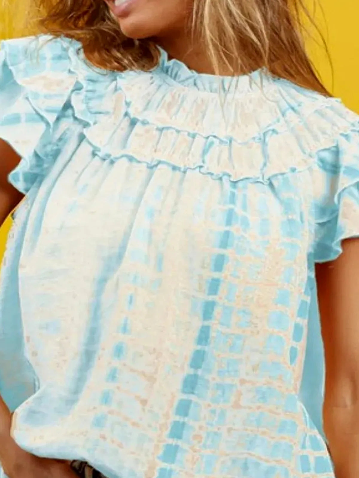 Stylish Tiered Ruffle Neck Tie-Dye Top for Chic Casual Look - - Top