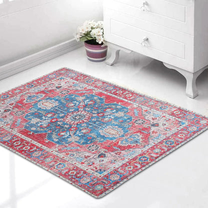 Red and Blue Non-Slip Printed Washable Low-Pile Rug - Kia Day Design