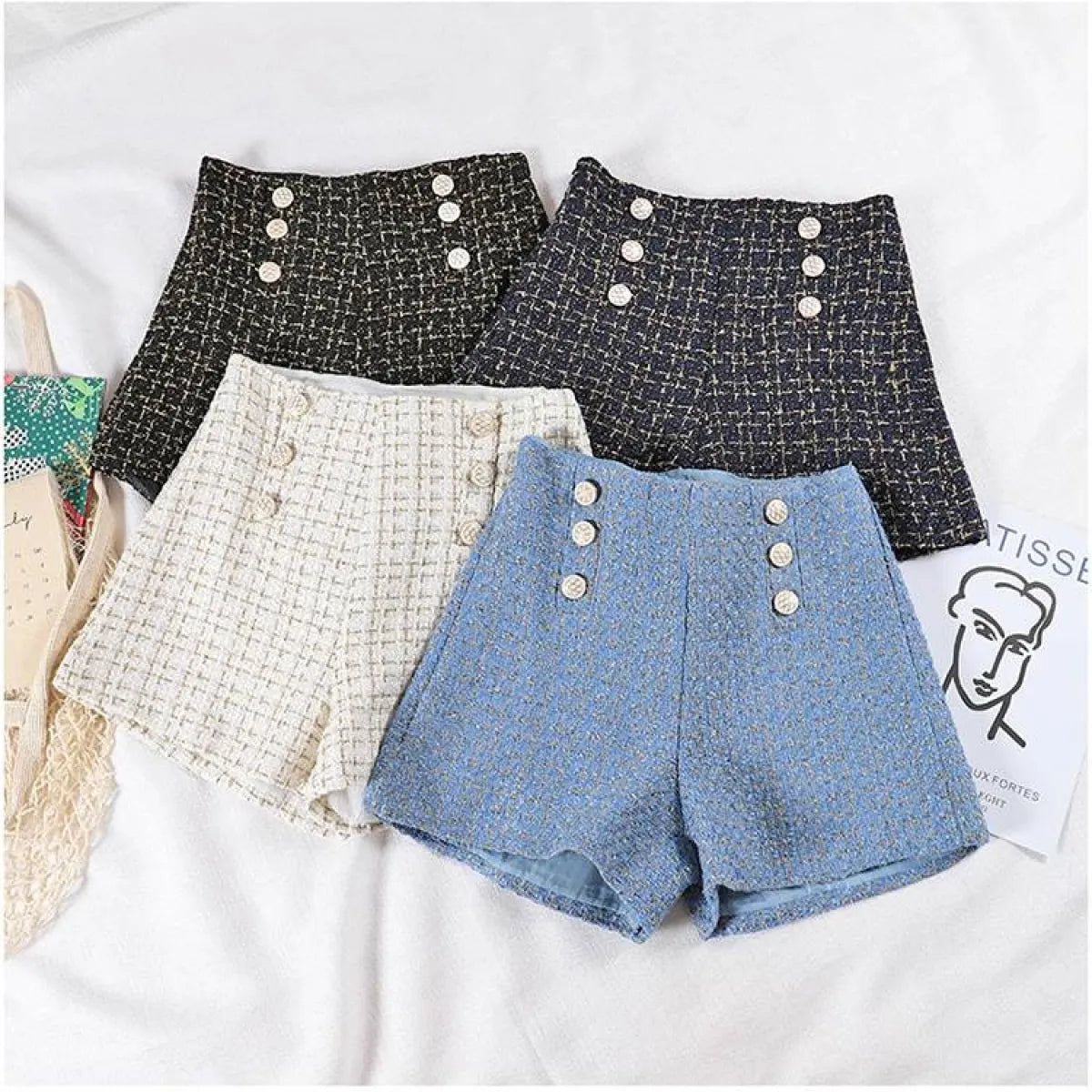 Button Decorated Tweed Shorts for Women - -