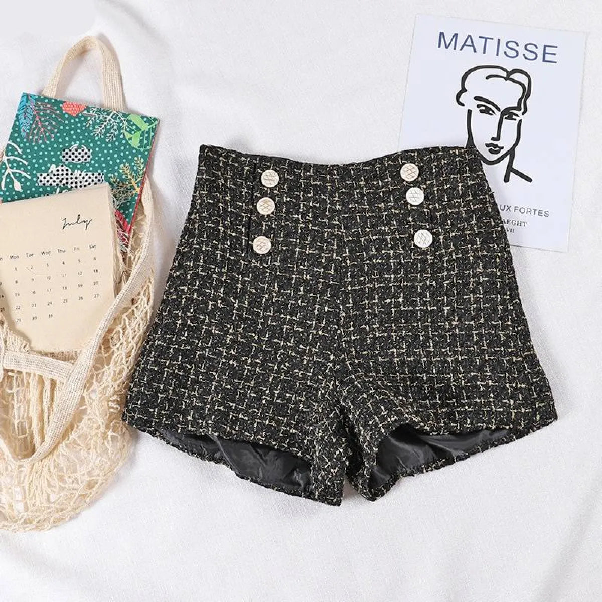 Button Decorated Tweed Shorts for Women - -