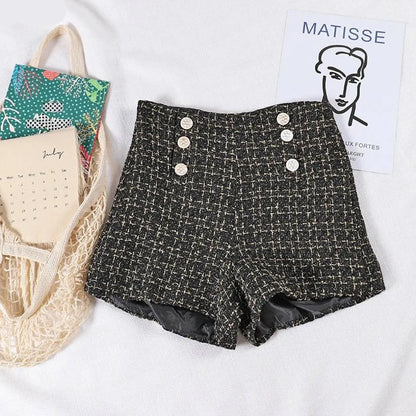 Button Decorated Tweed Shorts for Women - -