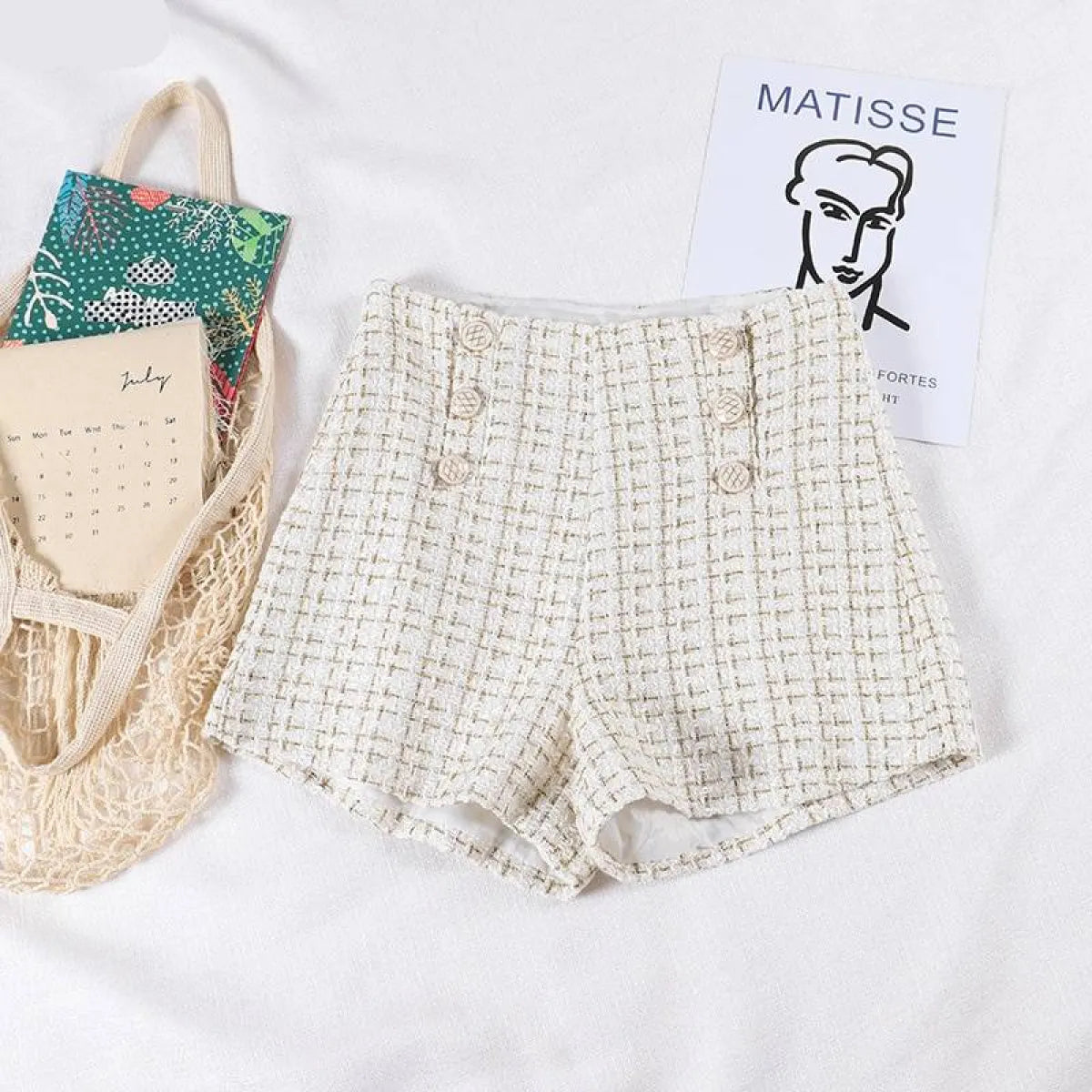 Button Decorated Tweed Shorts for Women - -