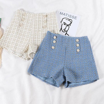 Button Decorated Tweed Shorts for Women - -
