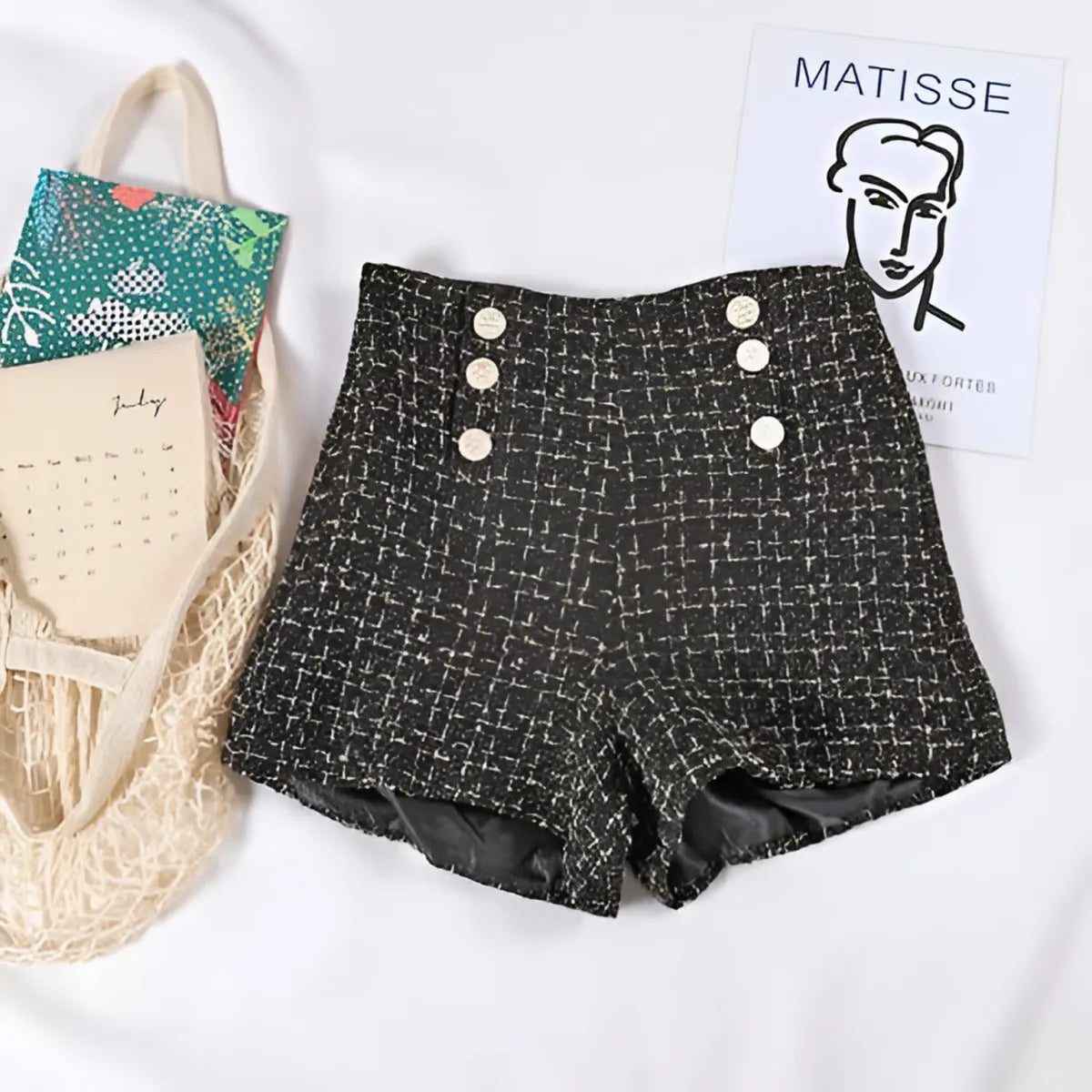 Button Decorated Tweed Shorts for Women - Black -