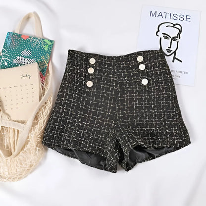 Button Decorated Tweed Shorts for Women - Black -