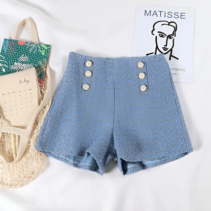 Button Decorated Tweed Shorts for Women - Blue -