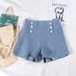 Button Decorated Tweed Shorts for Women - Blue -