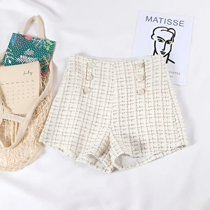 Button Decorated Tweed Shorts for Women - White -