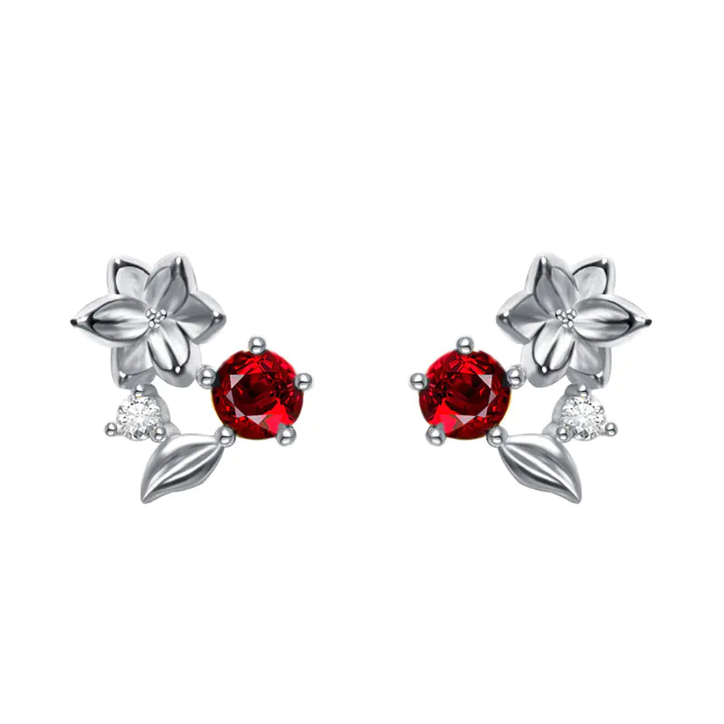 S925 Silver Ruby Blossom Earrings with Crystal Accents