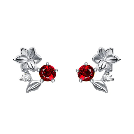 S925 Silver Ruby Blossom Earrings with Crystal Accents