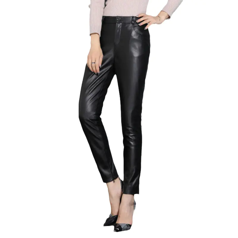 Genuine Leather Slim Sheepskin Pencil Pants - Black S - pants