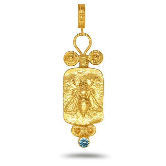 Caprixus 925 Sterling Silver Pendant Ancient Artemis Greek Queen Honey Bee Coin 24K Gold Vermeil Light Blue Color Cubic Zirconia Turkish Fine Bumblebee Jewelry for Women