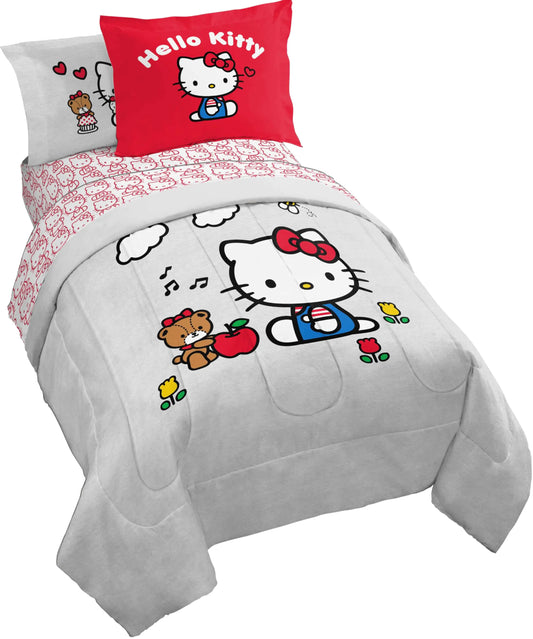 Jay Franco Sanrio Hello Kitty Twin Size Comforter Set - 5 Piece Red & Grey Bedding Includes Sheet Set & Pillow Covers - Super Soft Cozy Kawaii Bedding