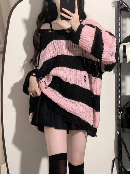 Deeptown Pink Striped Vintage Knitted Sweater - Kia Day Design