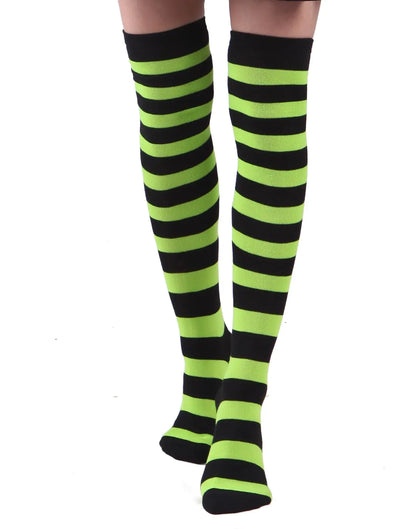 Women’s Extra Long Striped Socks Over Knee High Opaque Stockings (Black & Lime Green) Kia Day Design